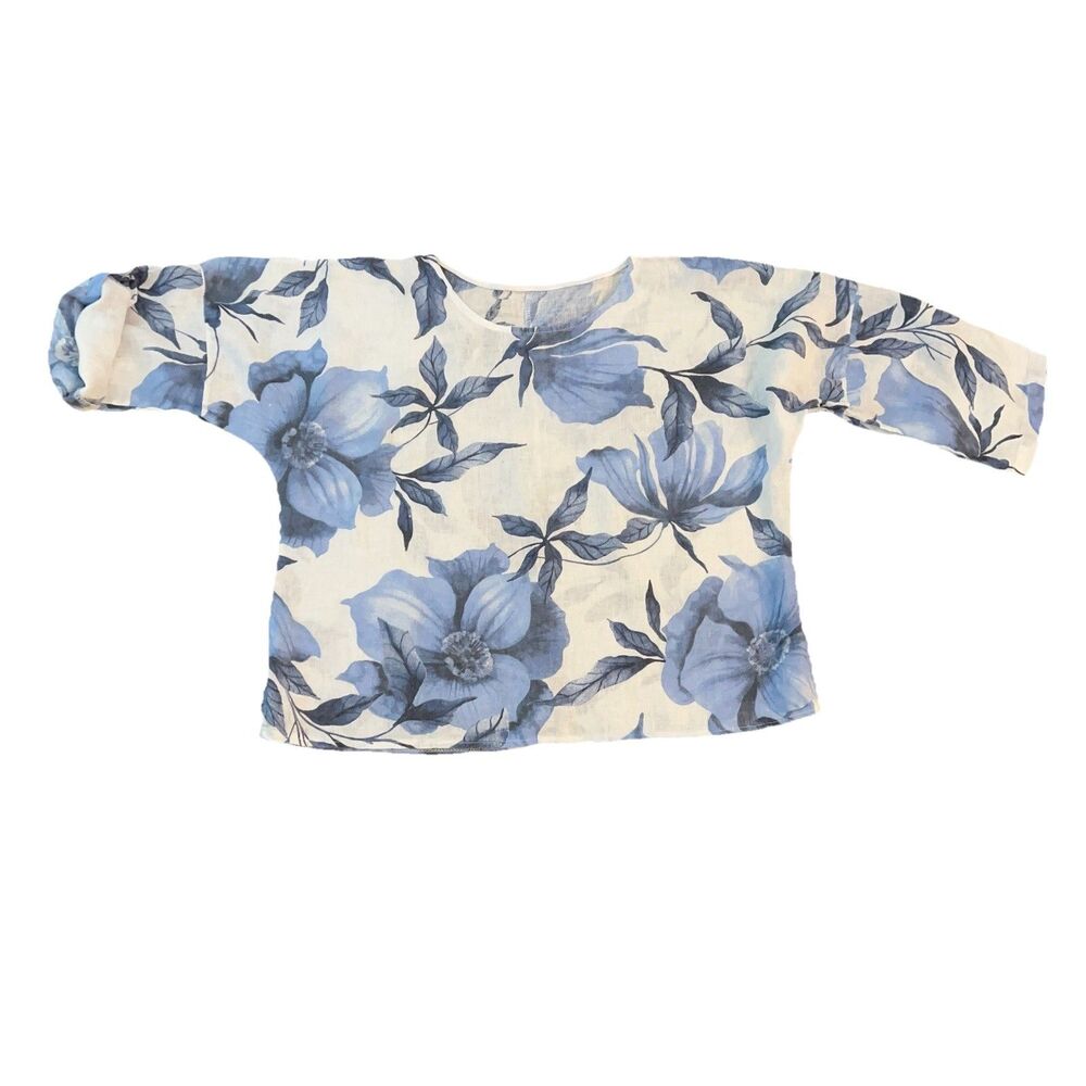 Made In Italy Women’s 100% Linen Floral Top XL Boxy Lagenlook Blue White Dolman
